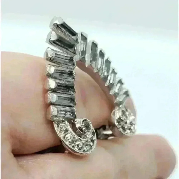 Antique Earrings Art Deco Clip Rhinestone Climber Baguette & Rose Cut Stones - Picture 2 of 8